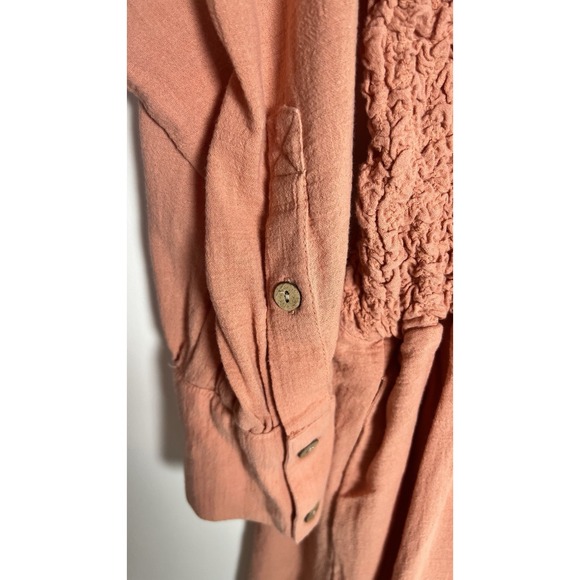 Free People Medium Monika Shirt Dress Smocked Waist Deep V-Neck Autumn Peach EUC - Picture 6 of 14